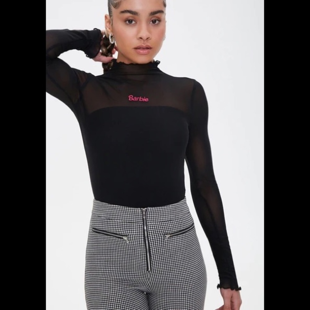 Barbie Black and Pink Mesh Top Soft and Stretchy- No Size Tag but Est S